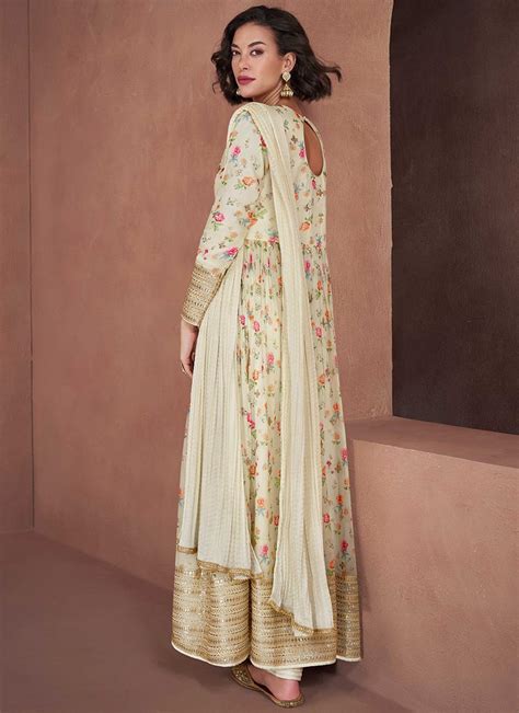 Buy Off White Faux Georgette Embroidered Sequins Palazzo Suit Party