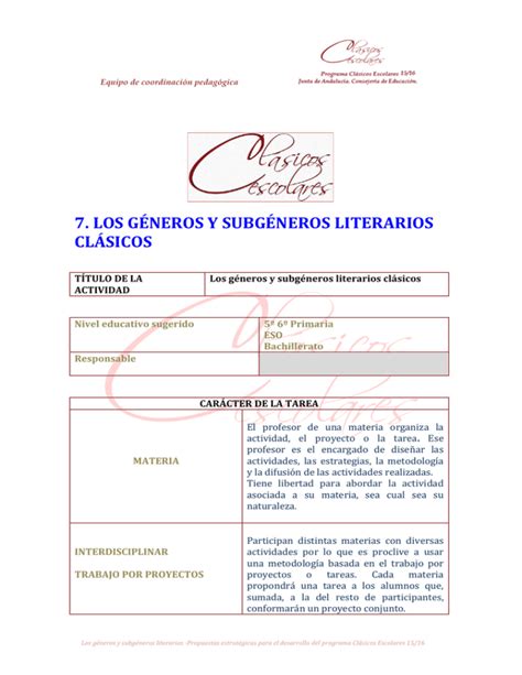 Los G Neros Y Subg Neros Literarios Cl Sicos