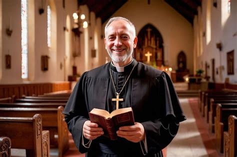 Um padre católico uma bíblia nas mãos de pé na igreja Foto Premium