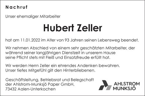 Traueranzeigen Von Hubert Zeller OstalbTrauer