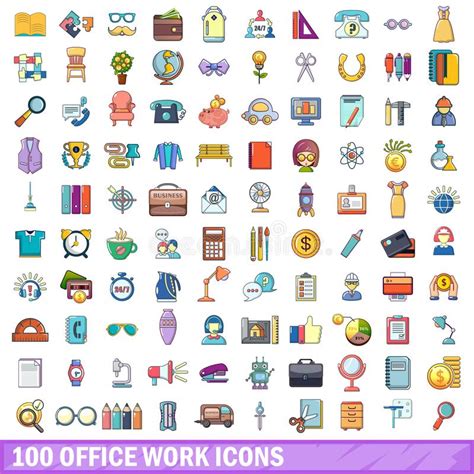 100 Iconos Fijados Estilo Del Trabajo De Oficina De La Historieta