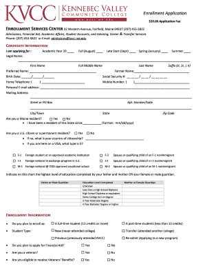 Fillable Online Kvcc Me Enrollment Application Enrollment Services