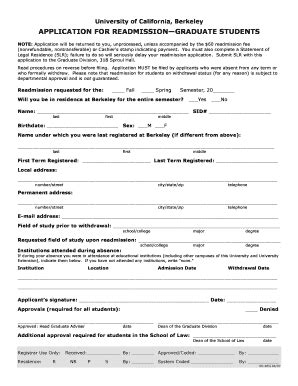 Fillable Online Neuroscience Berkeley Application Readmission Form