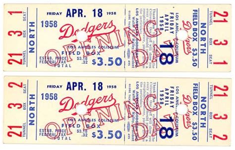 1958 LA Dodgers Opening Day Full Tickets (2)