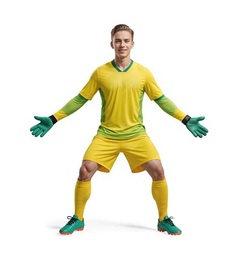 Soccer Goalie In Defensive Stance Standing Pose Wearing A Yellow Jersey