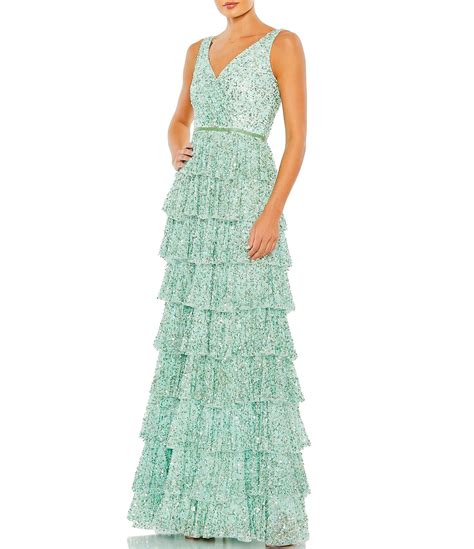 Mac Duggal Sequin Mesh Surplice V Neck Sleeveless Tiered A Line Gown