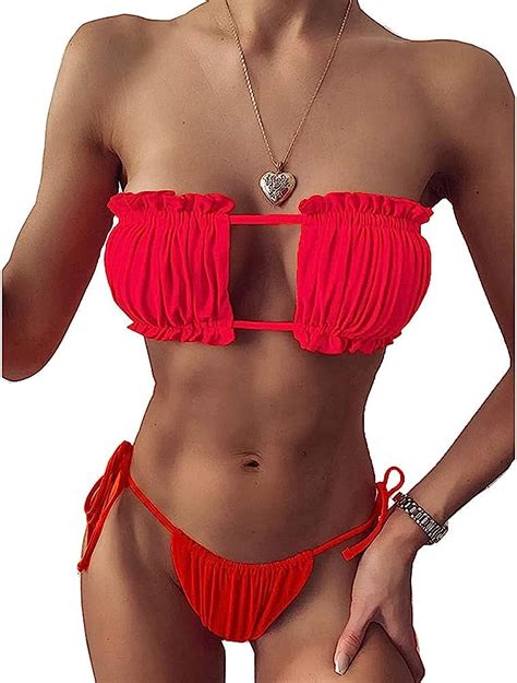 Orientalport Damen Sexy Bandeau Bikini Sets Frecher Tanga Badeanzug