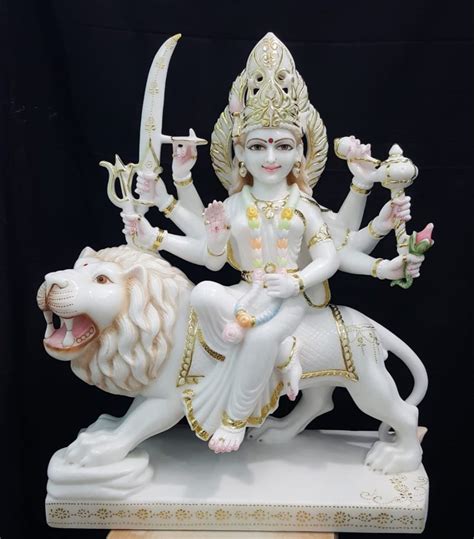 Painted Hindu White Marble Durga Statue For Worship Size 2 5feet H