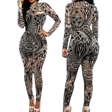 Women Tribal Tattoo Printing Jumpsuit Women Sexy Bodysuit Celebrity