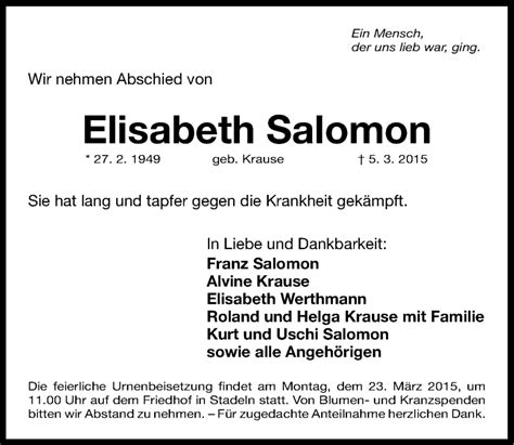 Traueranzeigen Von Elisabeth Salomon Trauer Nn De