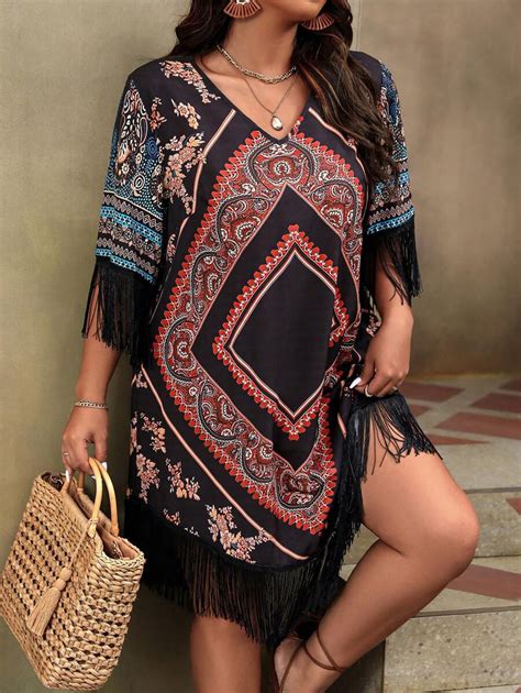 Plus Floral Print Fringe Trim Dress Shein Usa