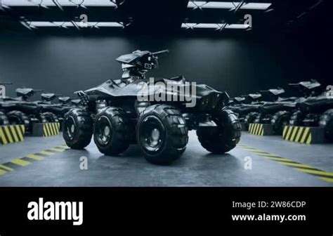 Futuristic military tanks in military base. Realistic 4k animation ...