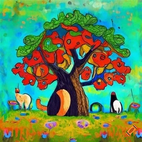 Primitive Naive Art With Cats House Trees And Colorful Nature