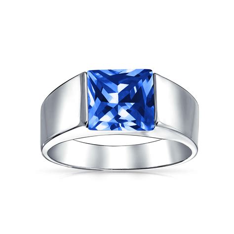 Ct Simulated Blue Sapphire Aaa Cz Square Princess Cut Solitaire Mens