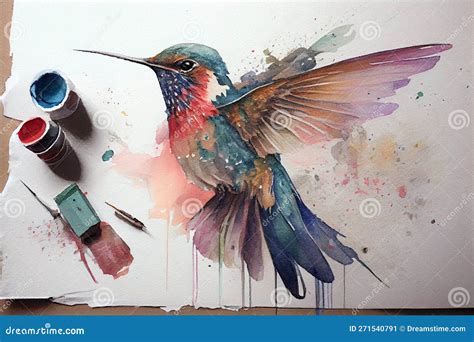 Dibujo De Colibrí Con Un Poco De Acuarela Stock de ilustración