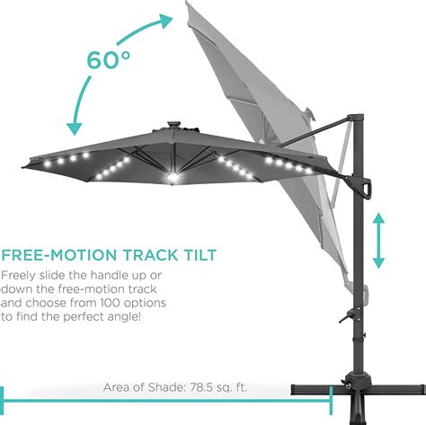 10ft Solar Led Cantilever Patio Umbrella 360 Degree Rotation Hanging Offset Market Outdoor Sun