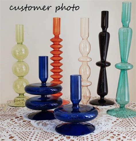 Mixed Mid Century Modern Colored Glass Bubble Candlestick Etsy In 2021 Glass Taper Candle