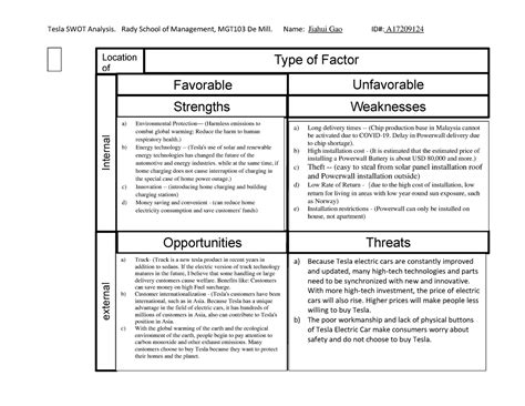 Homework Tesla Swot Worksheet Tesla Swot Analysis Rady School