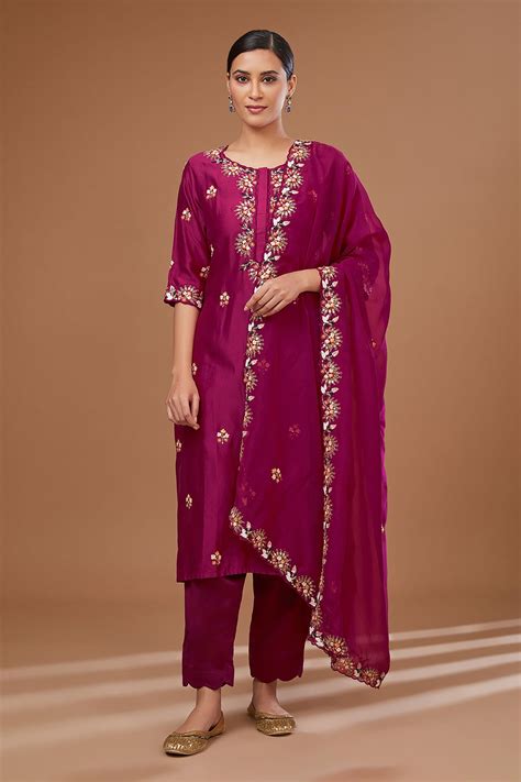 Buy Pink Chanderi Silk Embroidery Gul Round Kurta Pant Set For Women By