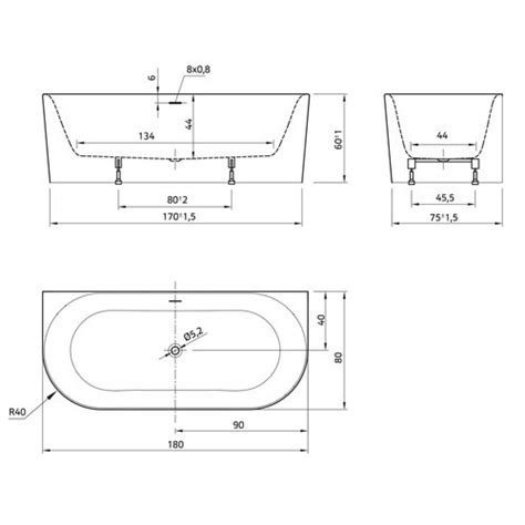 Xenz Fay Half Vrijstaand Bad 180x80x60 Glans Wit Met Sleuf Overloop