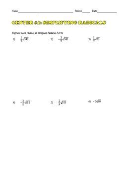 Algebra 1 Radicals Centers Simplify Add Subtract Multiply