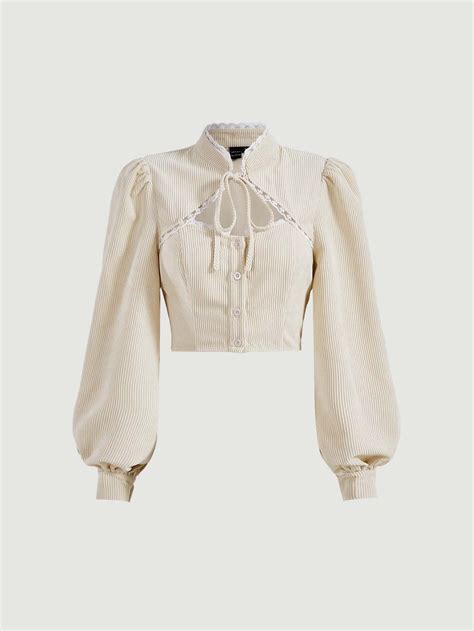 Beige Elegant Collar Long Sleeve Corduroy Plain Top Embellished Non