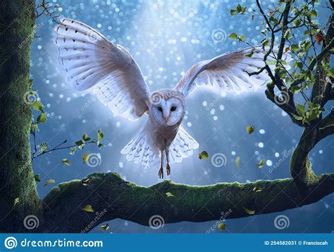 Snowy Owl Flying At Night