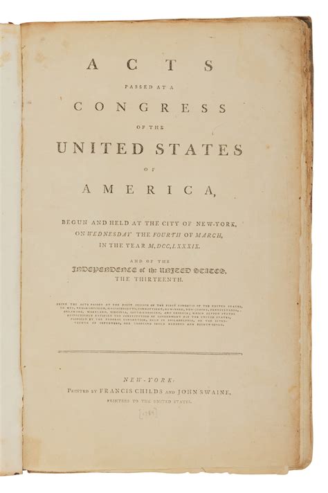 United States Congress Rare Official Printing Of The Acts Of The First Congress Including The