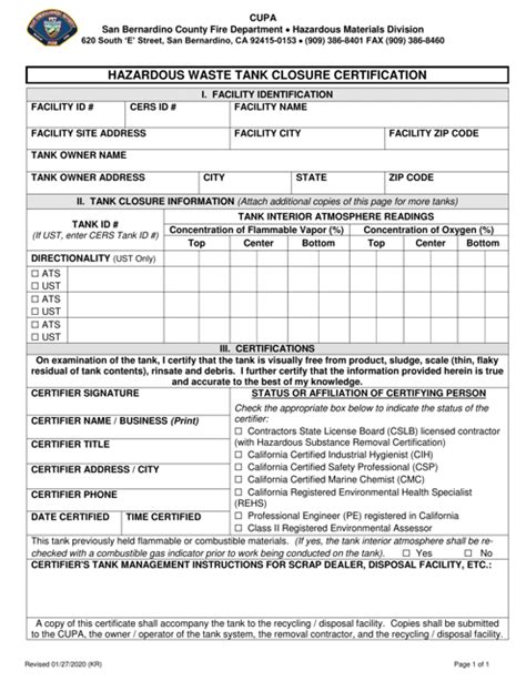 San Bernardino County California Hazardous Waste Tank Closure