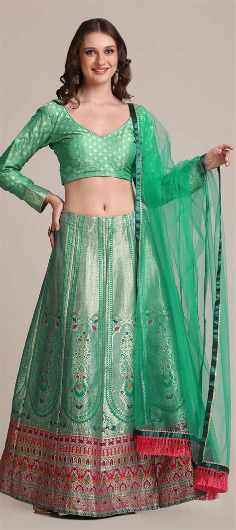 Festive Party Wear Green Color Jacquard Fabric Lehenga 1826956