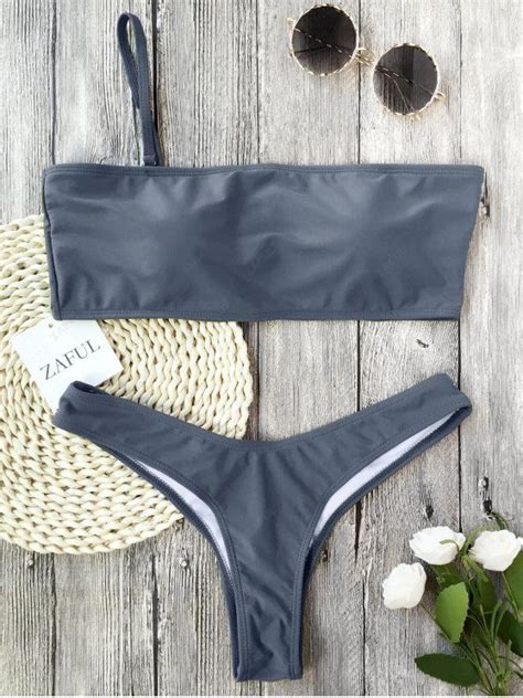 Off Padded One Strap Bandeau Thong Bikini In Gray Zaful
