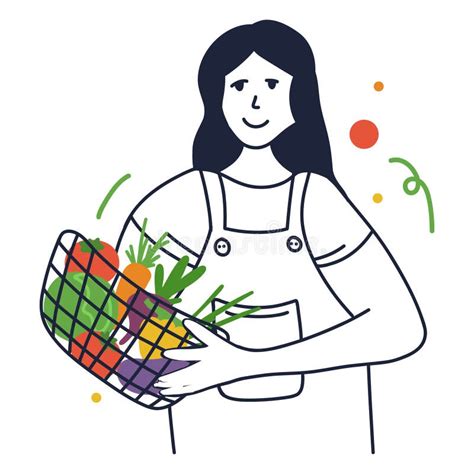 Woman Holds A Cart With Vegetables Line Style Hand Drawn Doodle