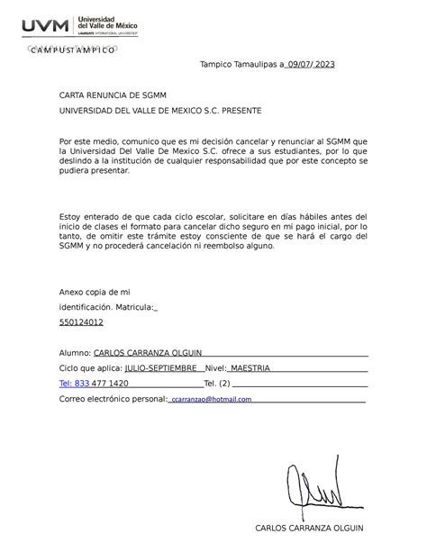 Cancelacion DE SGMM PARA Editar C A M P U ST A M P I C O Tampico