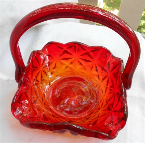 Indiana Amberina Basket Art Glass Monticello Sunset Mid Century Vintage Baskets