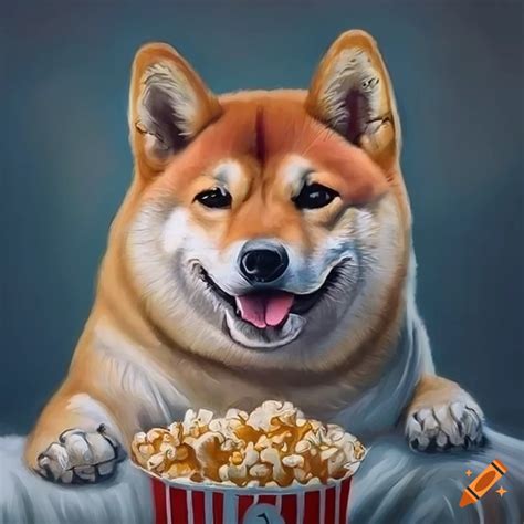 Hyper Realistic Portrait Of A Shiba Inu Enjoying Buttery Popcorn During