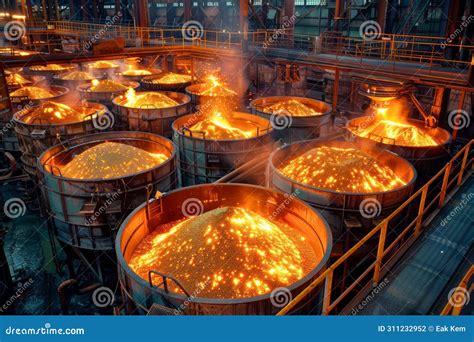 Industrial Steel Manufacturing Large Foundry With Hot Molten Metal In Crucibles At Night Stock