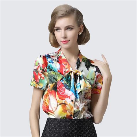 Women Silk Blouse Short Sleeve Blouse Natural Silk Floral Print Bow