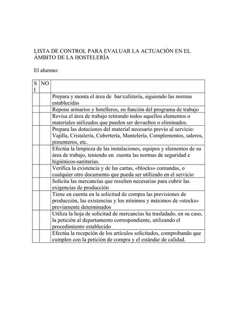 Lista De Control Para Evaluar La Actuación En El Ambito De La Hostelería Pdf