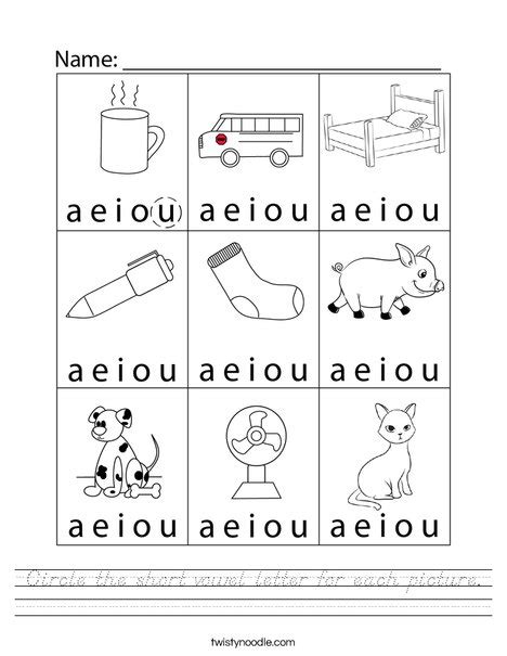 Circle The Short Vowel Letter For Each Picture Worksheet D Nealian Twisty Noodle