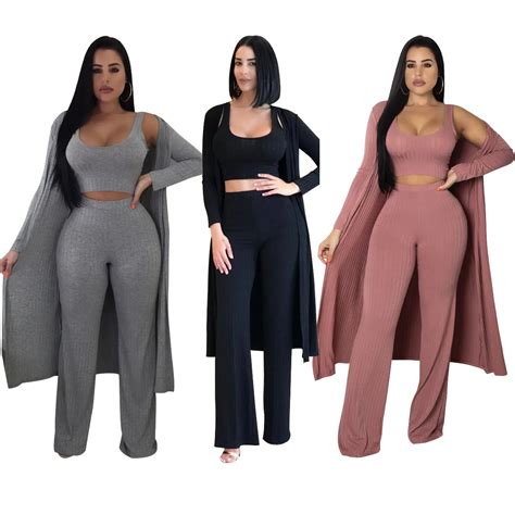 Three Piece Set Women Fashion Suit Autumn Winter Sexy Casual Pants Crop