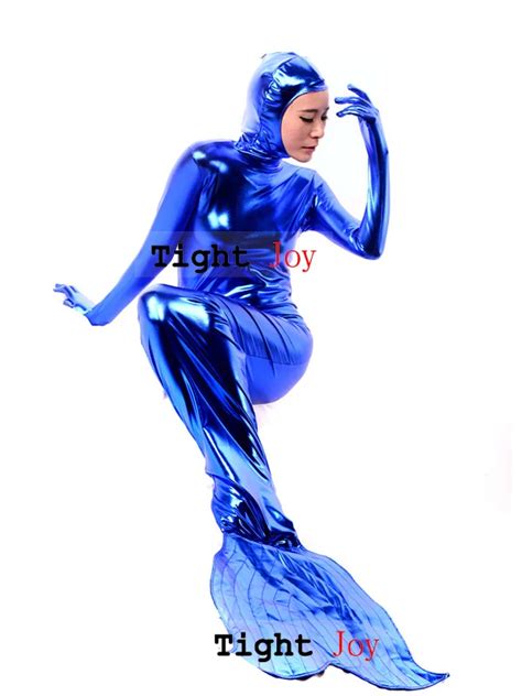 Tightjoy Hand Made Blue Shiny Metallic Mermaid Tail Zentai Csotume