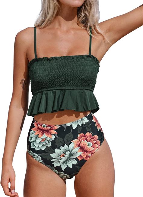 CUPSHE Damen Bikini Set Bandeau Gesmokte Bademode Rüschen High Waist