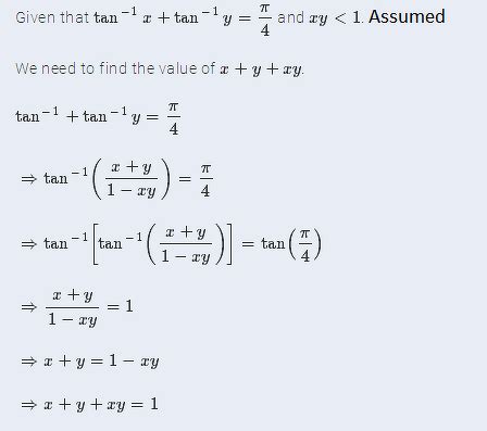 If tan^-1 (x) + tan^-1 (y) = (pi/4), xy - Maths - Inverse Trigonometric ...