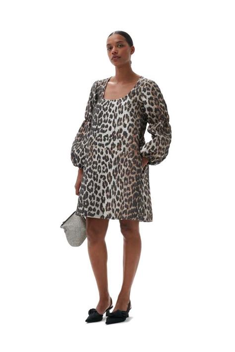 Ganni 3d Jacquard Puff Sleeve Mini Dress Big Leopard Almond Milk