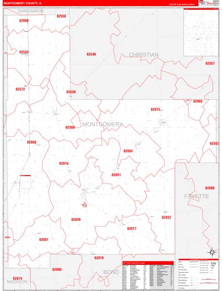 Montgomery County Il Zip Code Wall Map Red Line Style By Marketmaps Mapsales