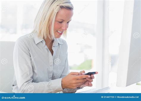 Blonde Businesswoman Texting Stock Image Image Of Monitor Cheerful