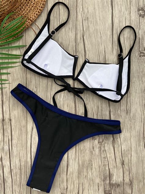 Maillots de bain deux pièces noir lacets cou à bretelles taille