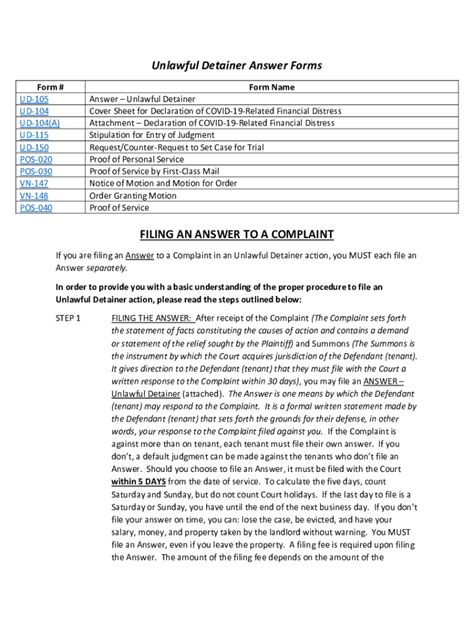 Fillable Online Unlawful Detainer Answer Forms FILING AN ANSWER TO A