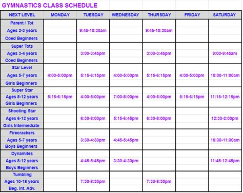 Schedule Next Level Gymnastics