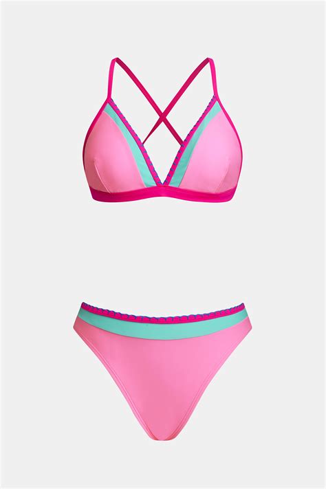 Pink Colorblock Stitching Bikini Top Cheeky Bottoms Set